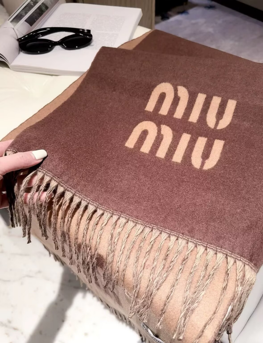 Miu Miu Logo Reversible Fringe Scarf Camel Brown